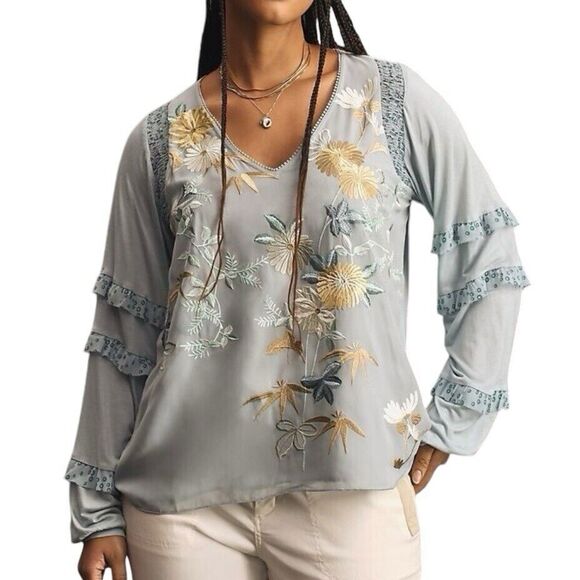 Anthropologie Tiny Frances Long Sleeve Ruffle Top Embroidered Size Small - Picture 1 of 9